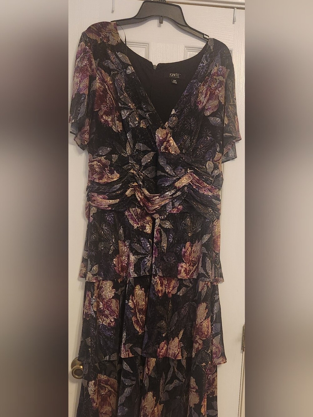 IG Nite Black Floral Tiered Dress with Purple and Gold Accents